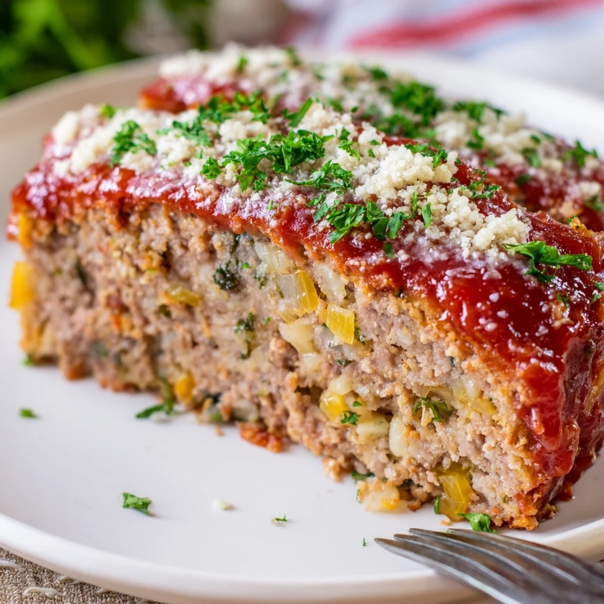 Savory meatloaf slices topped with melted parmesan cheese served with mashed potatoes