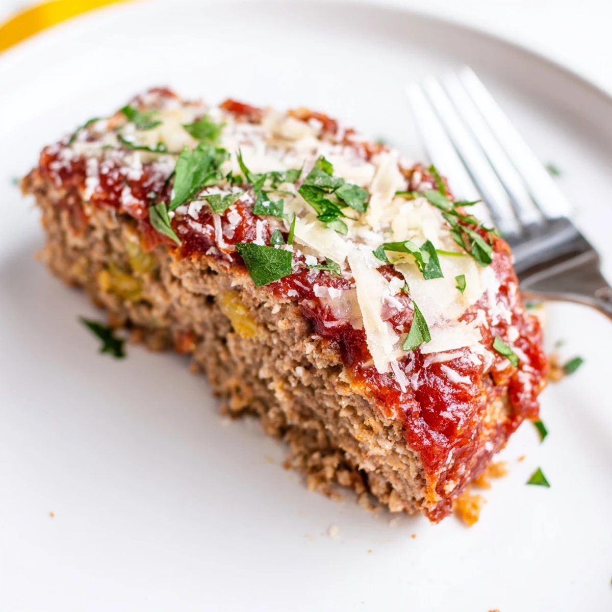 Juicy garlic parmesan meatloaf fresh from the oven with a glossy tomato glaze