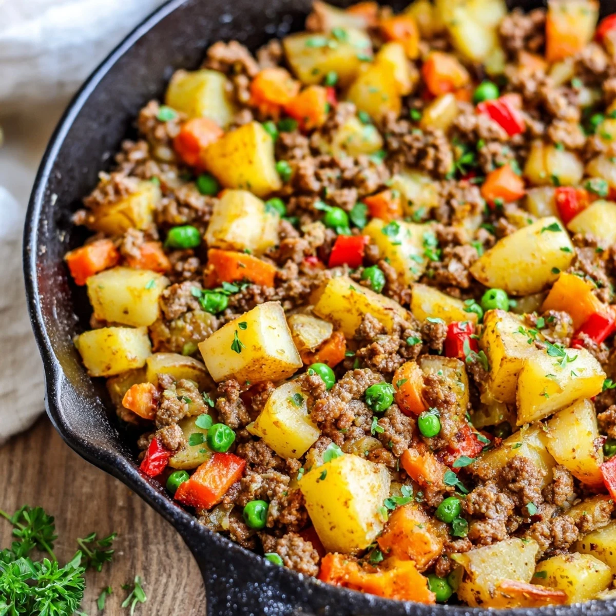 Hearty ground beef and potatoes dinner cooked in one skillet with colorful diced vegetables