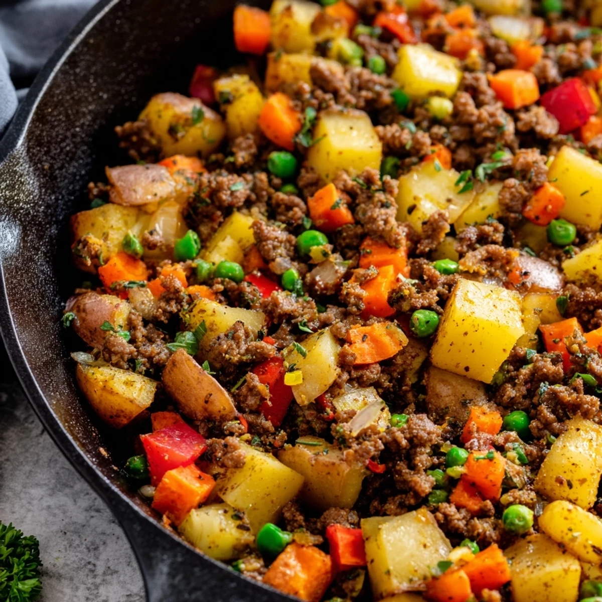 Savory one pan ground beef and potatoes skillet simmered with tender vegetables and herbs