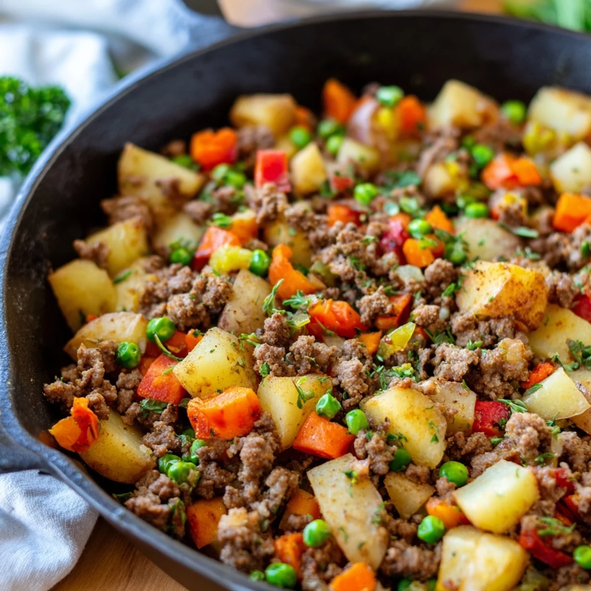 Comforting one pan ground beef and potatoes meal featuring tender carrots, onions, and bell peppers