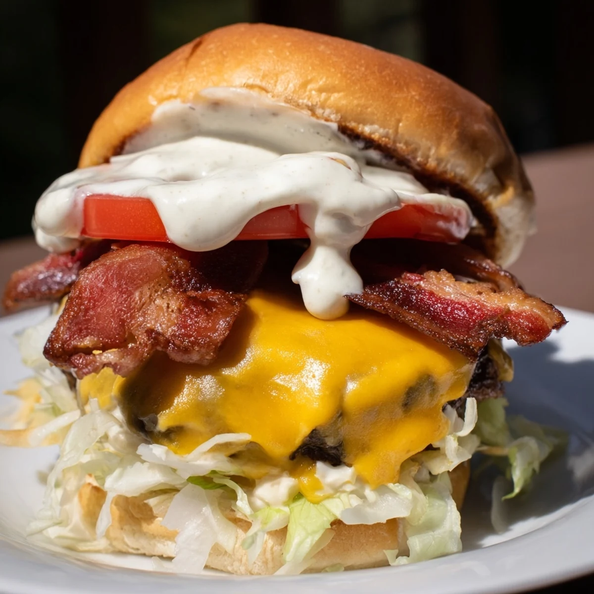 Homemade crack burger featuring ranch cream sauce, bacon layers, fresh lettuce, and tomato on golden sesame bun