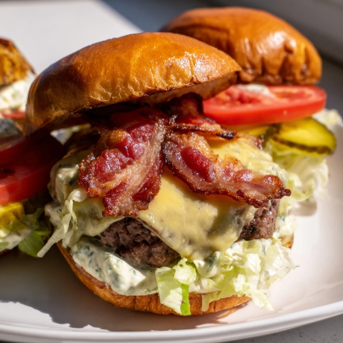 Juicy Crack Burgers with melted cheddar, crispy bacon, and creamy ranch-mayo sauce on toasted brioche buns