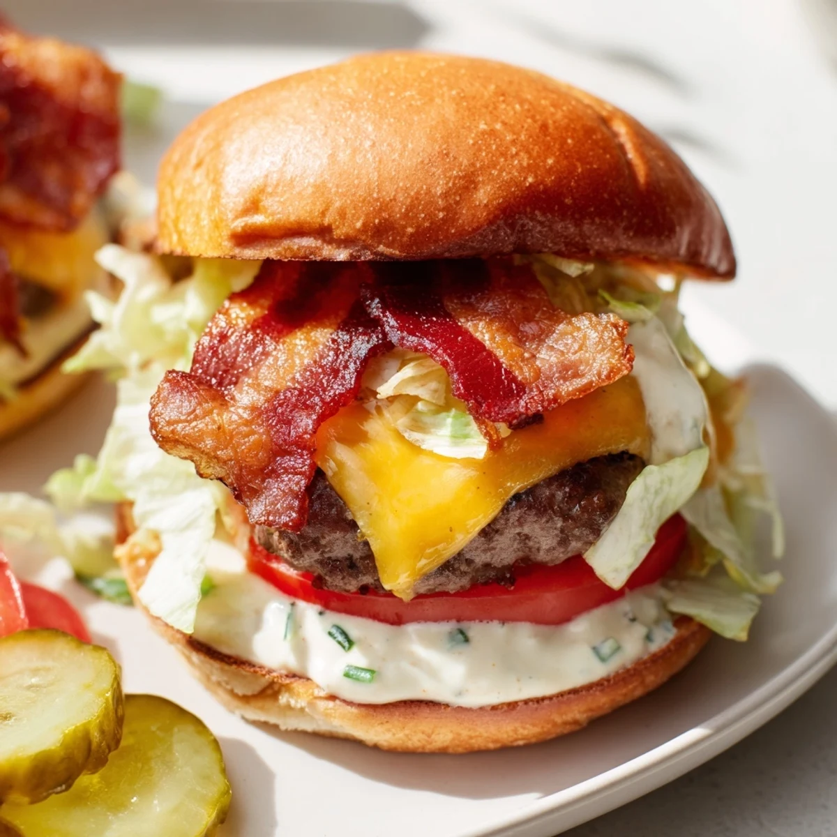 Stacked Crack Burgers featuring seasoned beef patties topped with melted cheese, crispy bacon, and zesty mayo-ranch dressing