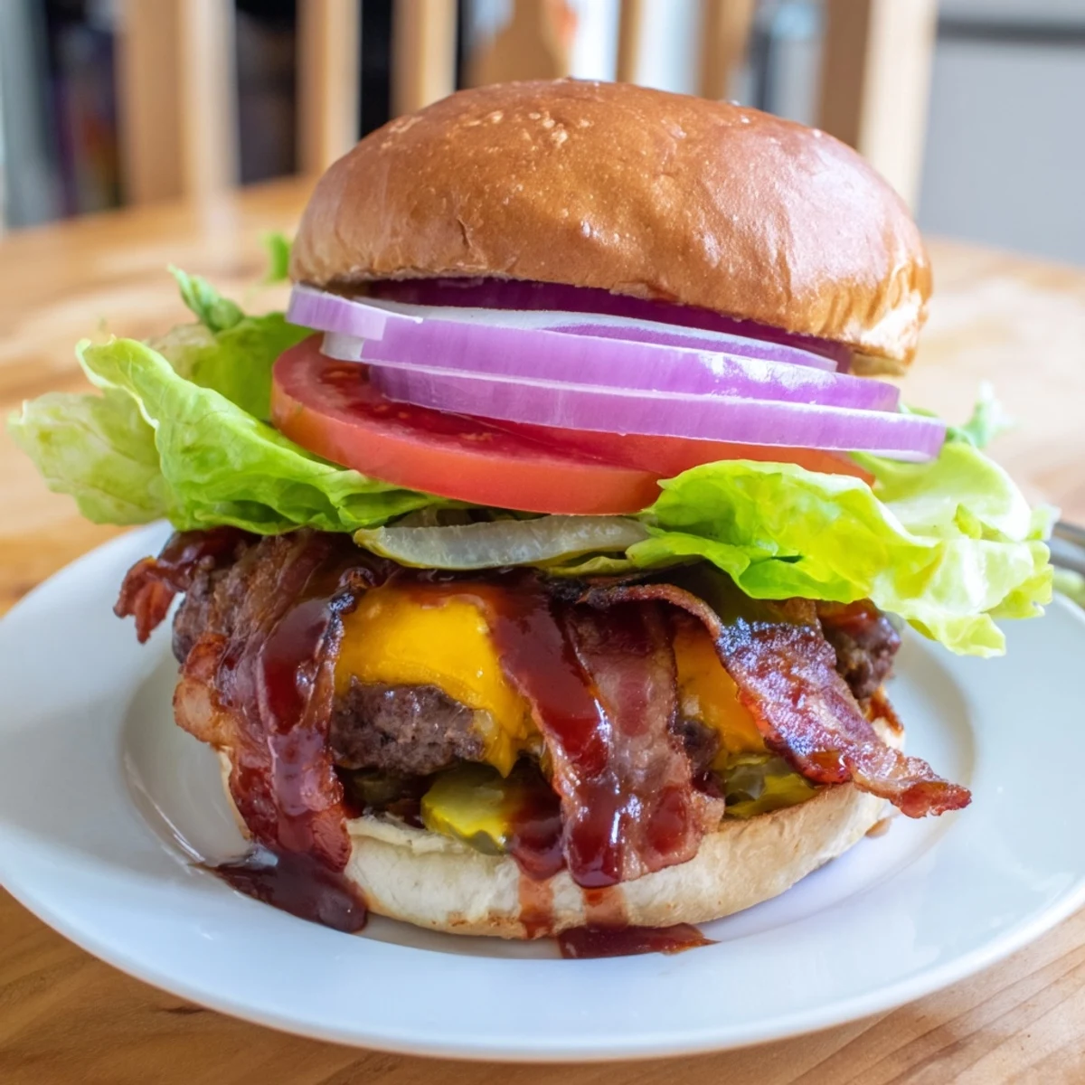 Juicy hearty BBQ bacon burger stacked with melted cheddar, crispy bacon, and tangy barbecue sauce on a toasted brioche bun