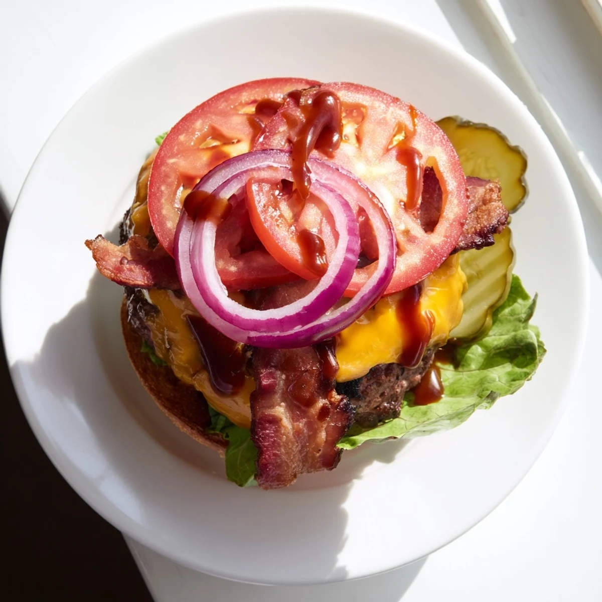 Golden hearty BBQ bacon burger topped with crisp lettuce, ripe tomato, and smoky bacon slices oozing with cheddar cheese