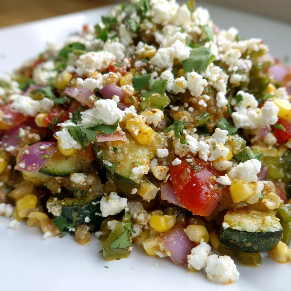 Vibrant Mexican Calabacitas dish with sautéed zucchini, corn, tomatoes, and crumbled queso fresco garnish
