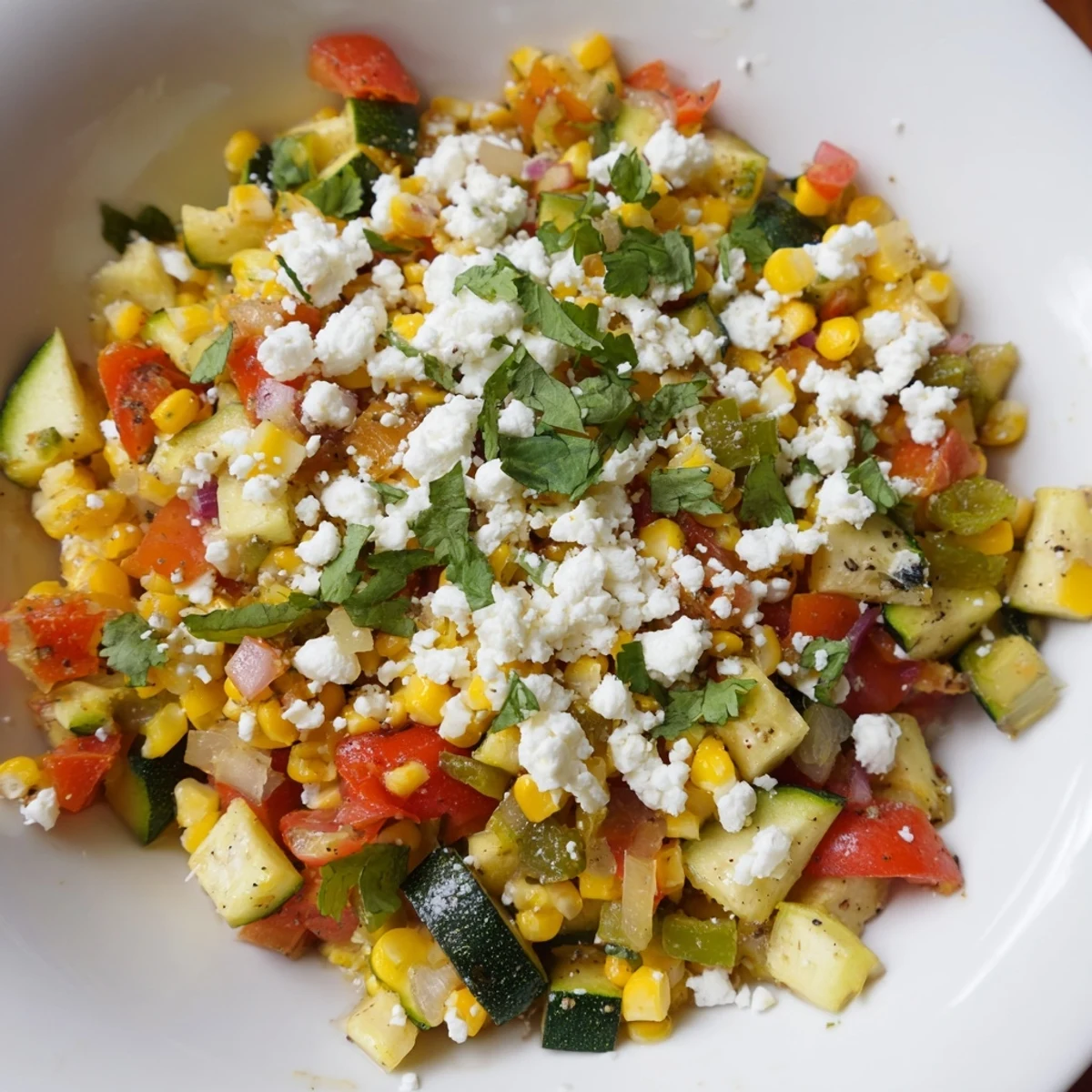 Golden skillet of traditional Calabacitas featuring tender zucchini, sweet corn kernels, and melted cheese topping