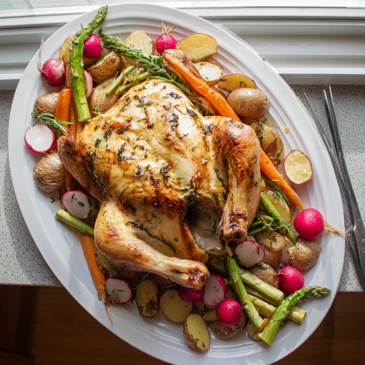 Golden herb roasted chicken with spring vegetables arranged on a rustic roasting pan
