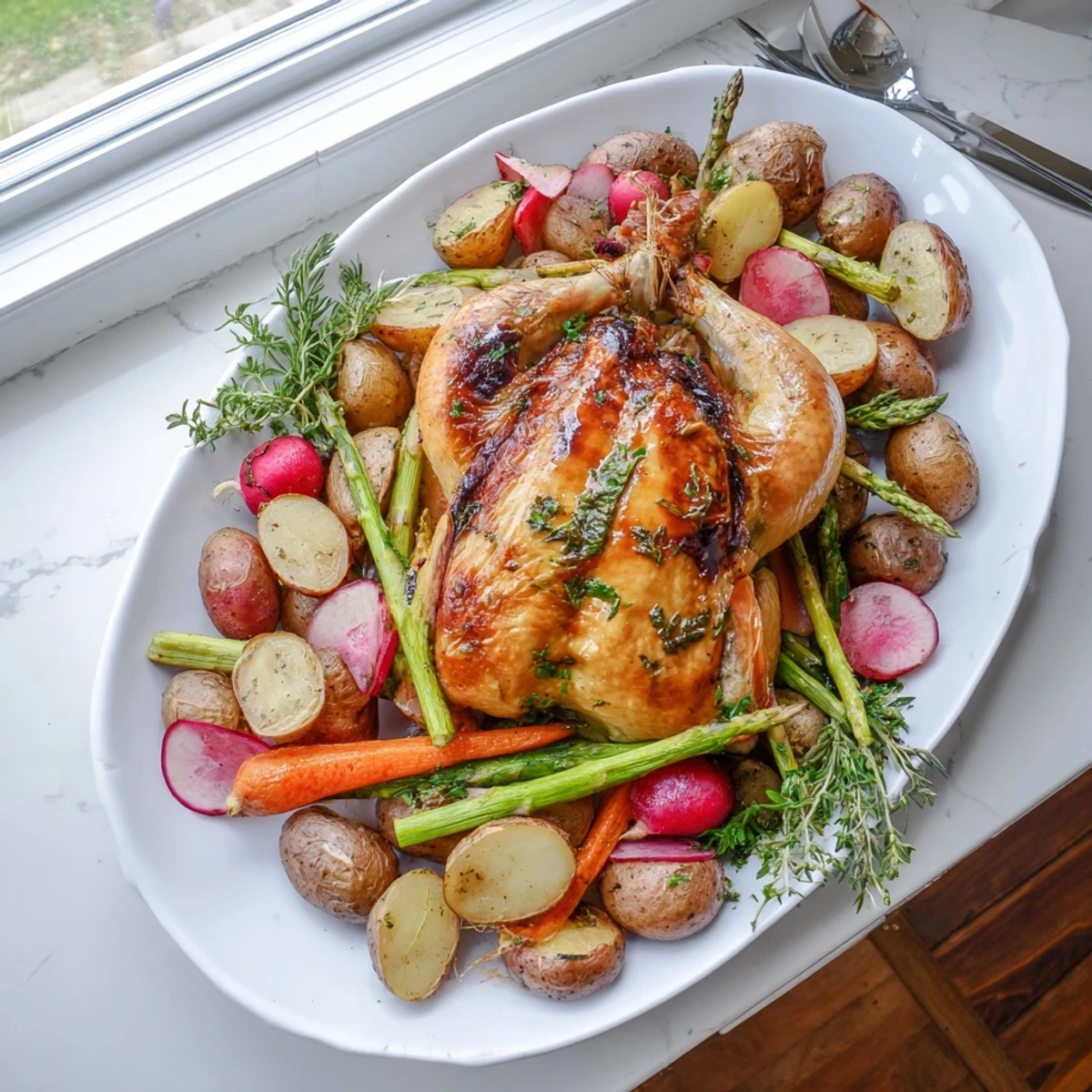 Whole herb roasted chicken surrounded by colorful carrots asparagus and tender baby potatoes