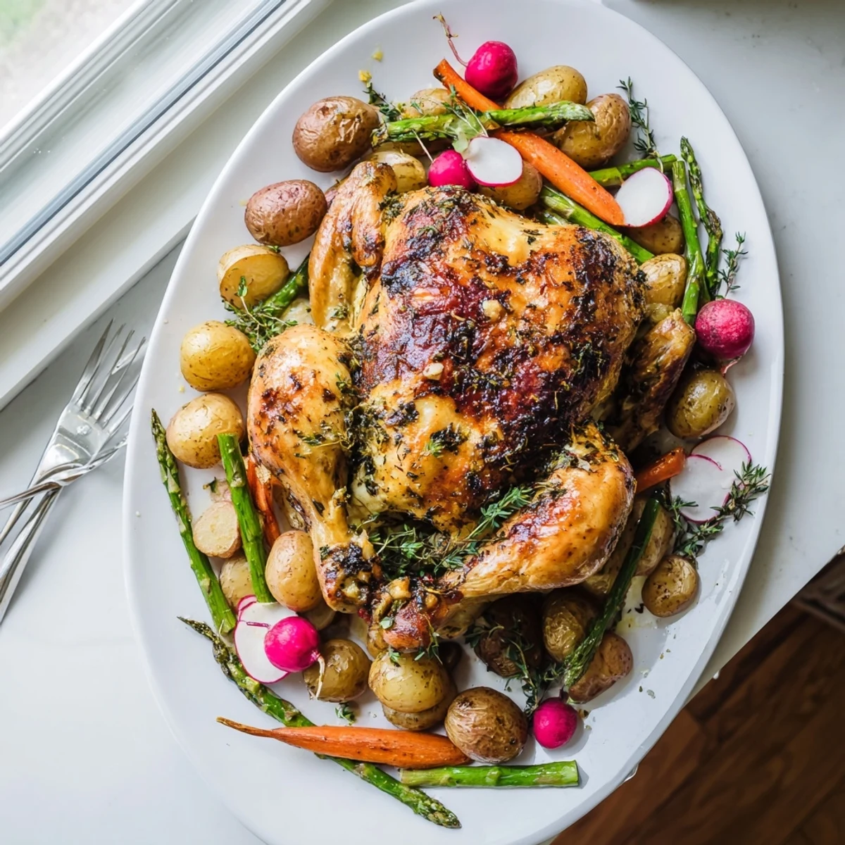 Juicy herb roasted chicken resting on a bed of vibrant roasted spring vegetables