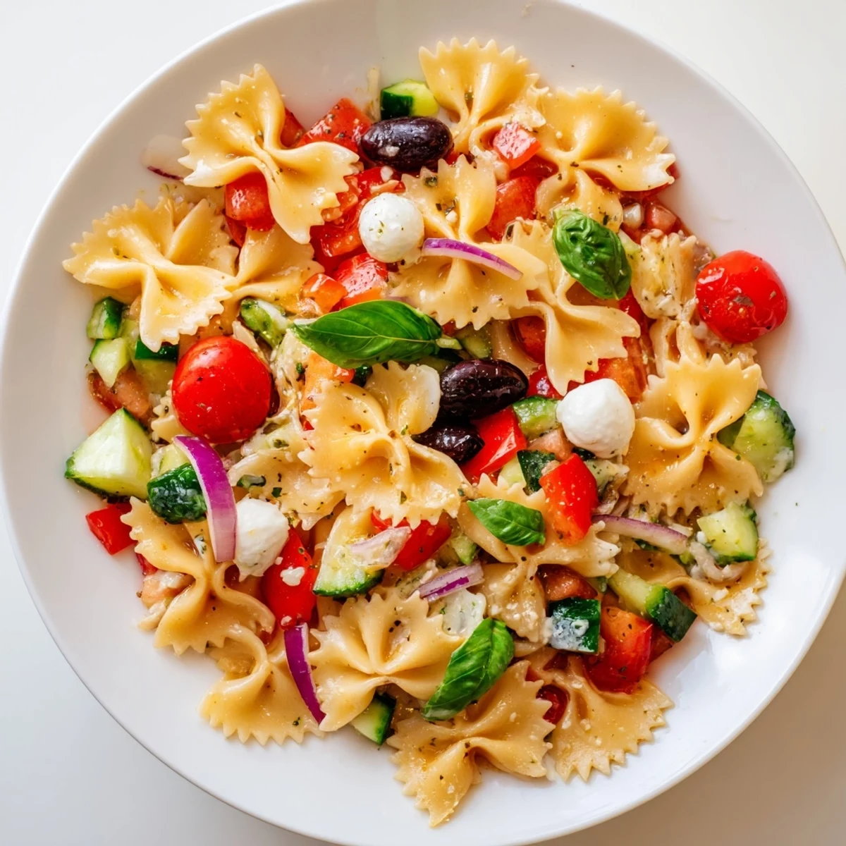 Colorful Italian bow tie pasta salad with fresh vegetables and mozzarella pearls in a serving bowl
