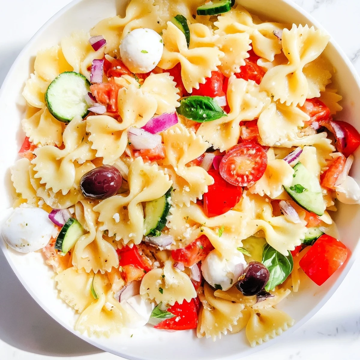 Vibrant farfalle pasta tossed with cherry tomatoes, cucumber, olives, and zesty Italian dressing for potlucks