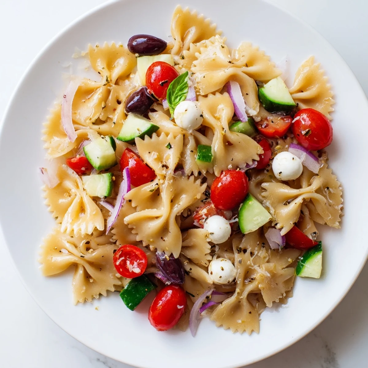 Refreshing Italian bow tie pasta salad featuring crisp veggies, cheese, and herb garnish on a white platter
