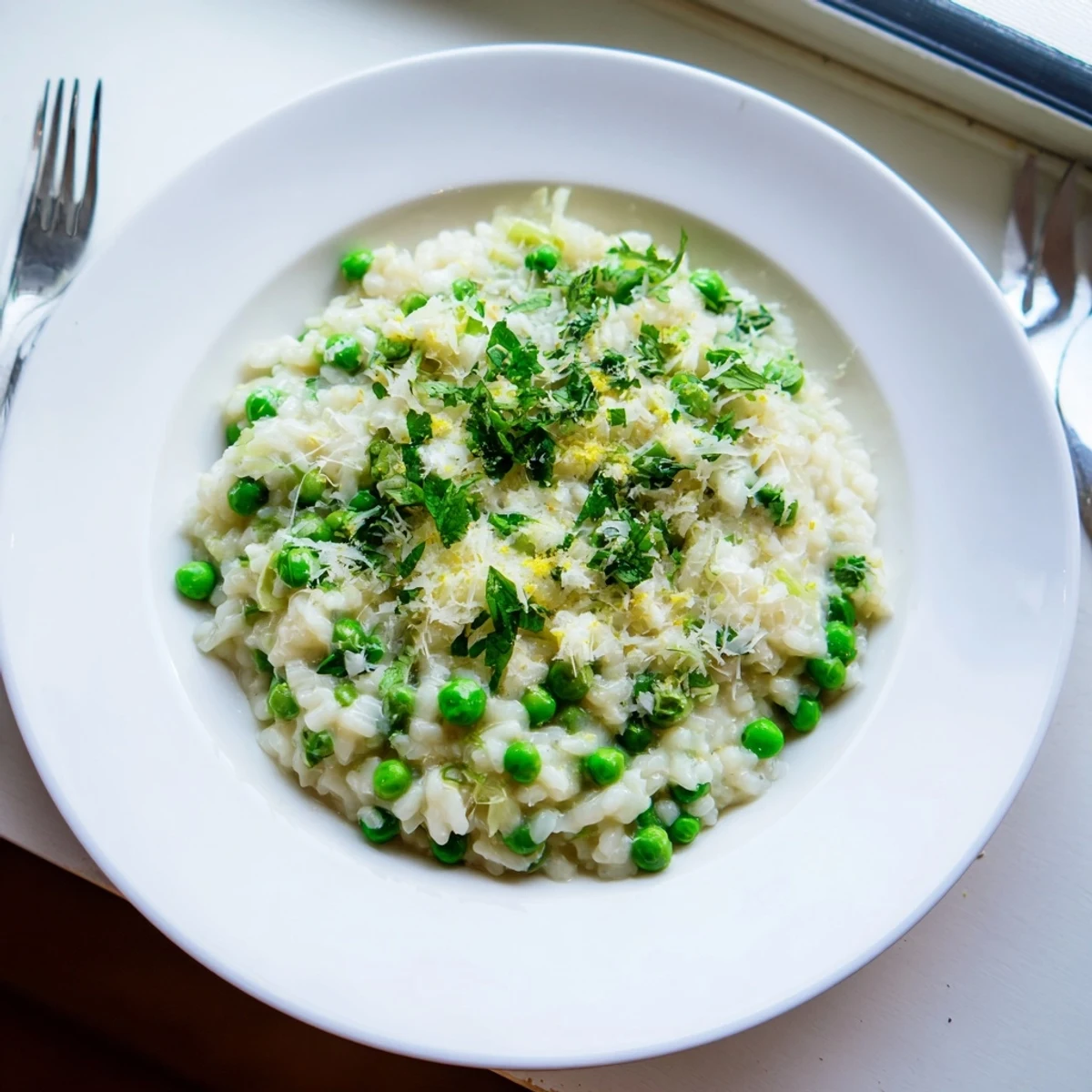 Creamy spring pea risotto topped with fresh grated Parmesan and bright green herbs in a shallow white bowl
