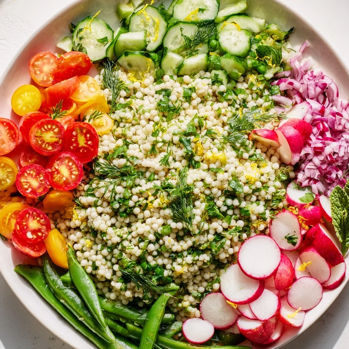 Vibrant Mediterranean spring couscous salad featuring crisp cherry tomatoes, cucumber, and fresh mint garnish
