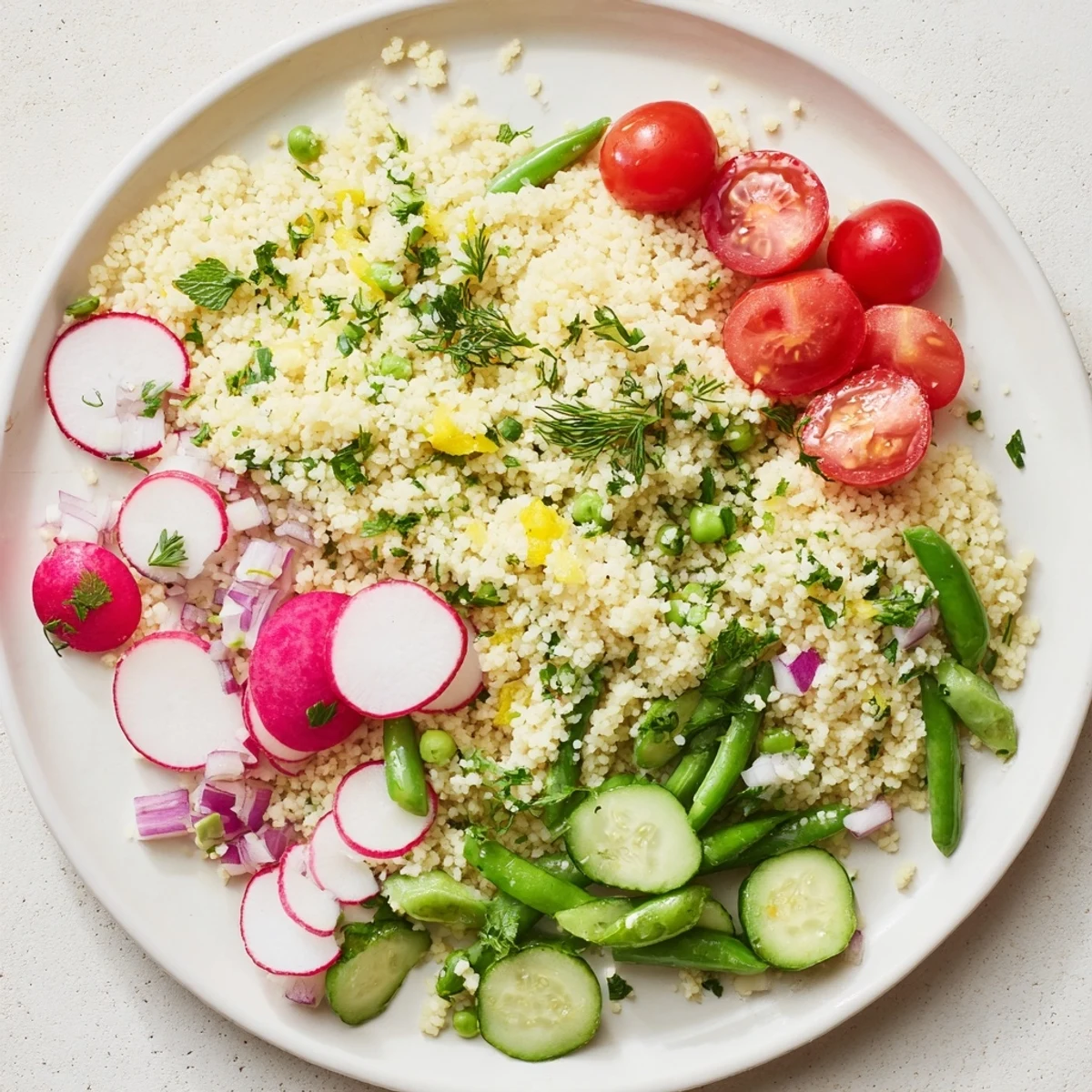 Fresh spring couscous salad bowl loaded with colorful vegetables and bright lemon-herb dressing