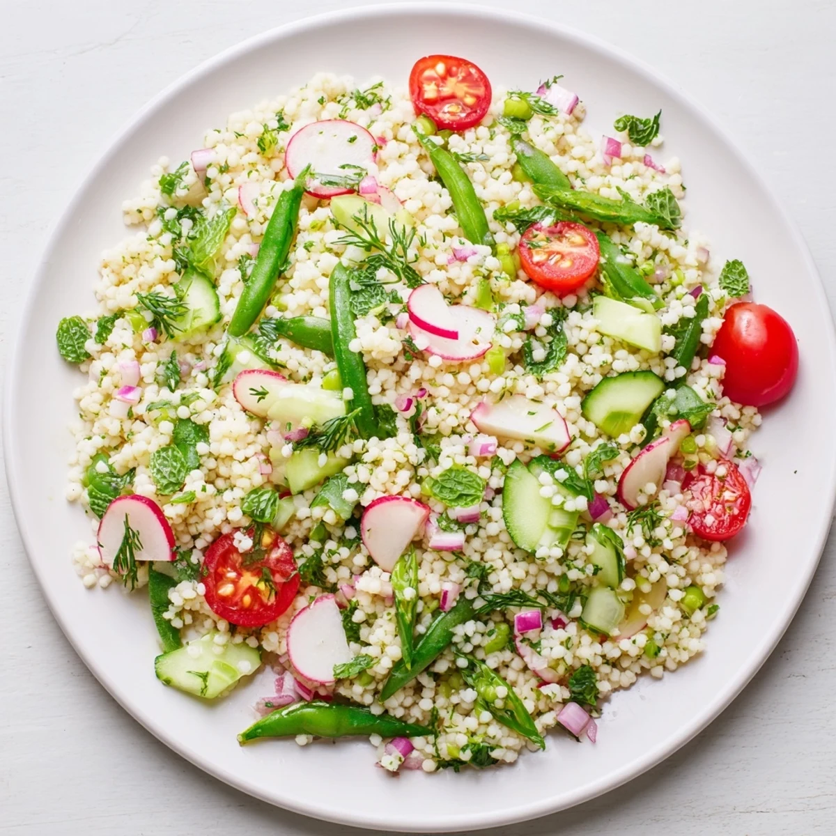 Light and fluffy spring couscous salad tossed with crisp snap peas and zesty lemon dressing