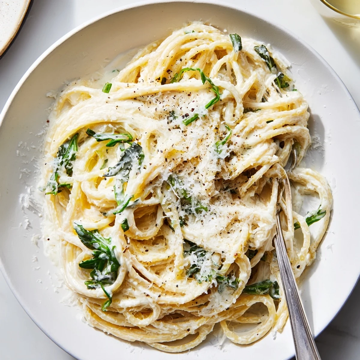 Bright lemon ricotta pasta dish featuring peppery arugula and shaved parmesan topping