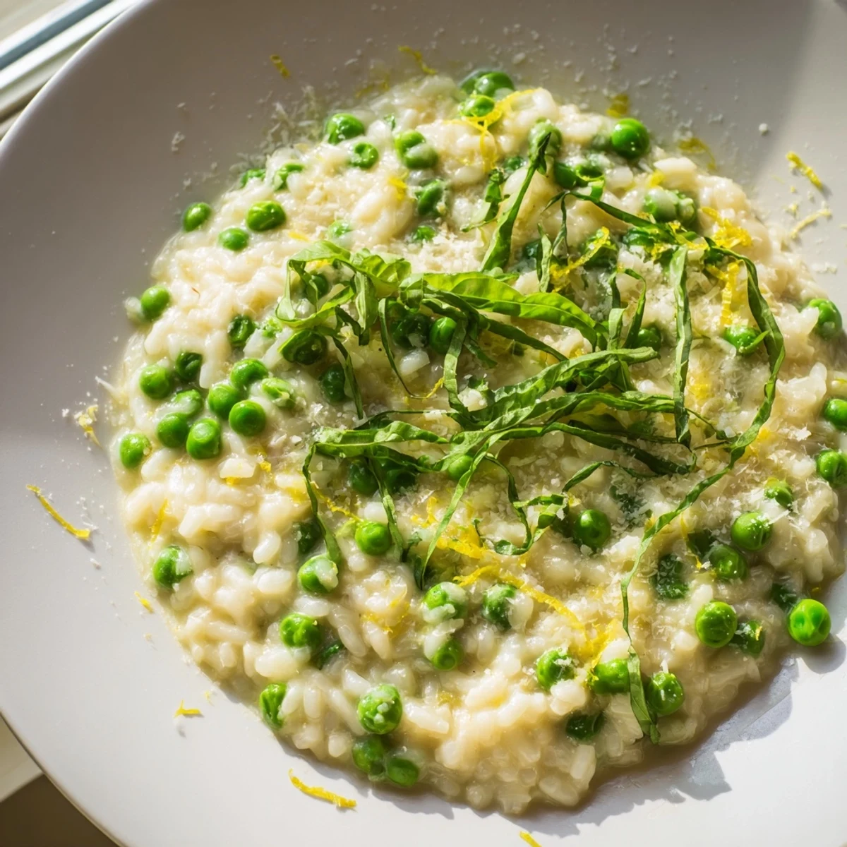 Creamy spring pea risotto topped with fresh basil and grated Parmesan cheese in a white bowl