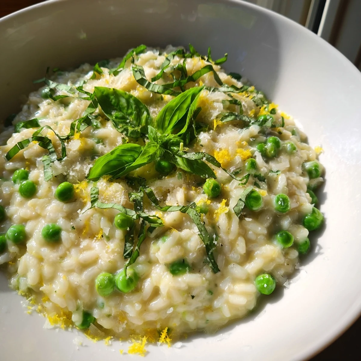 Golden Arborio rice with bright green peas and shredded Parmesan served on a rustic wooden table