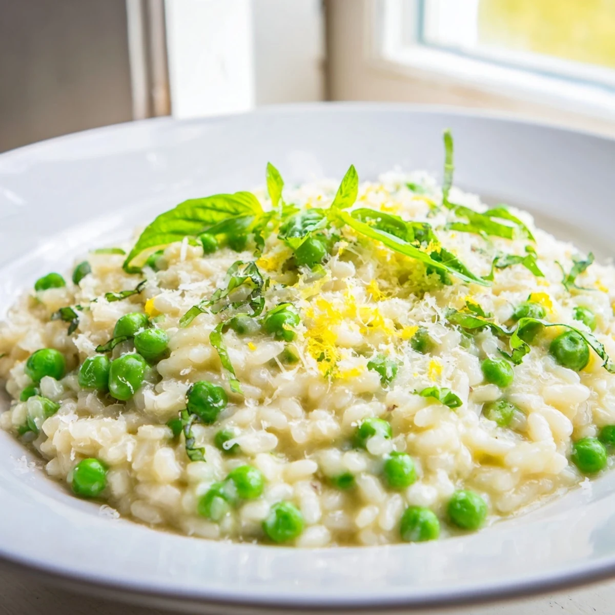Vibrant Italian risotto featuring tender spring peas, fragrant basil, and nutty Parmesan garnish