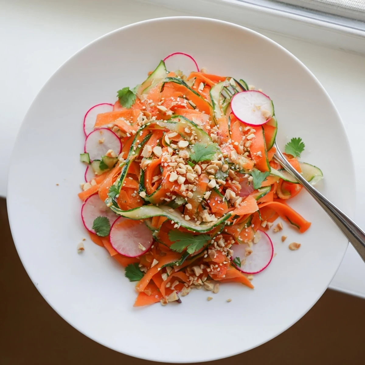 Fresh cucumber carrot salad with big crunch tossed in tangy sesame dressing and topped with roasted peanuts