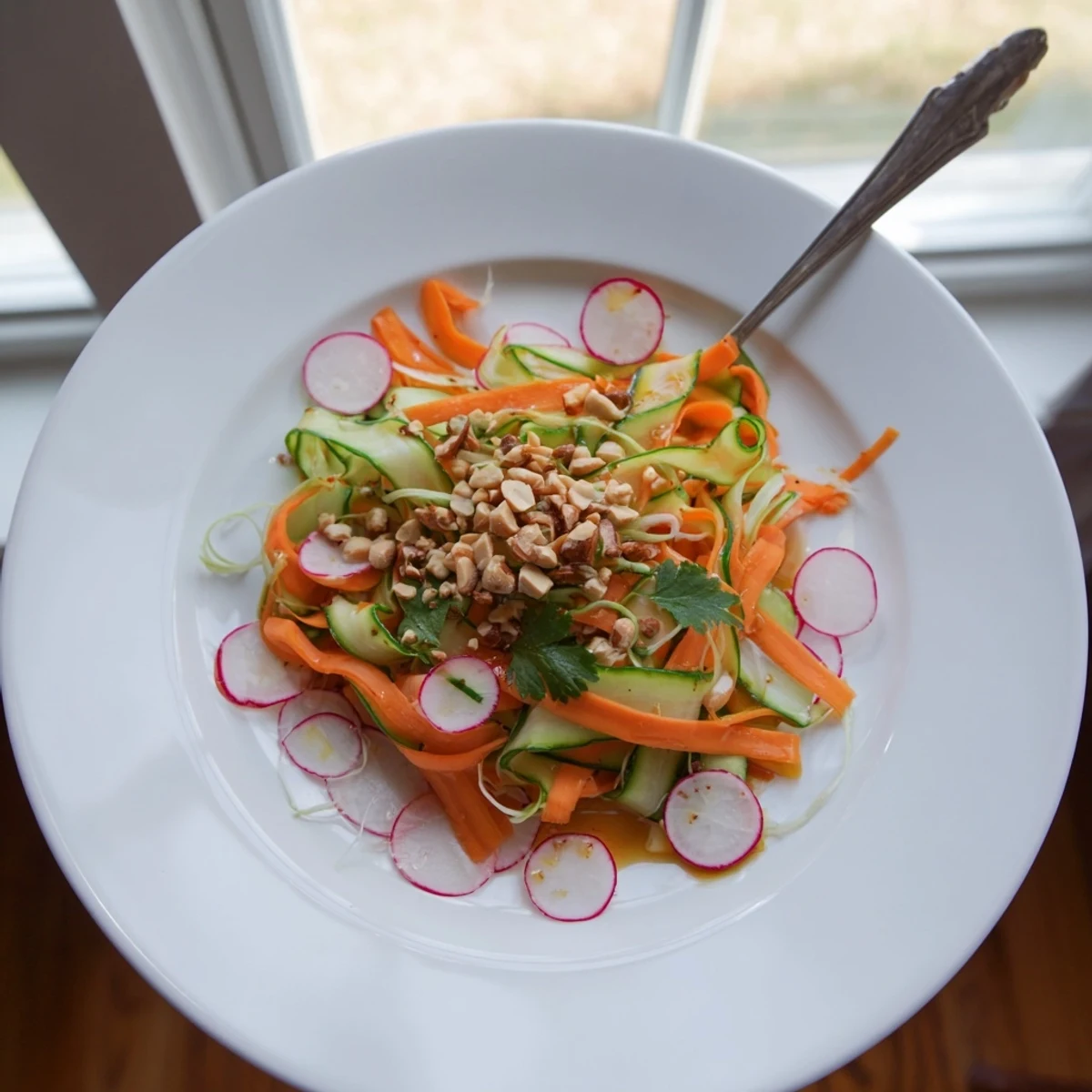Crisp cucumber carrot salad with big crunch featuring radishes and scallions coated in savory garlic sesame vinaigrette