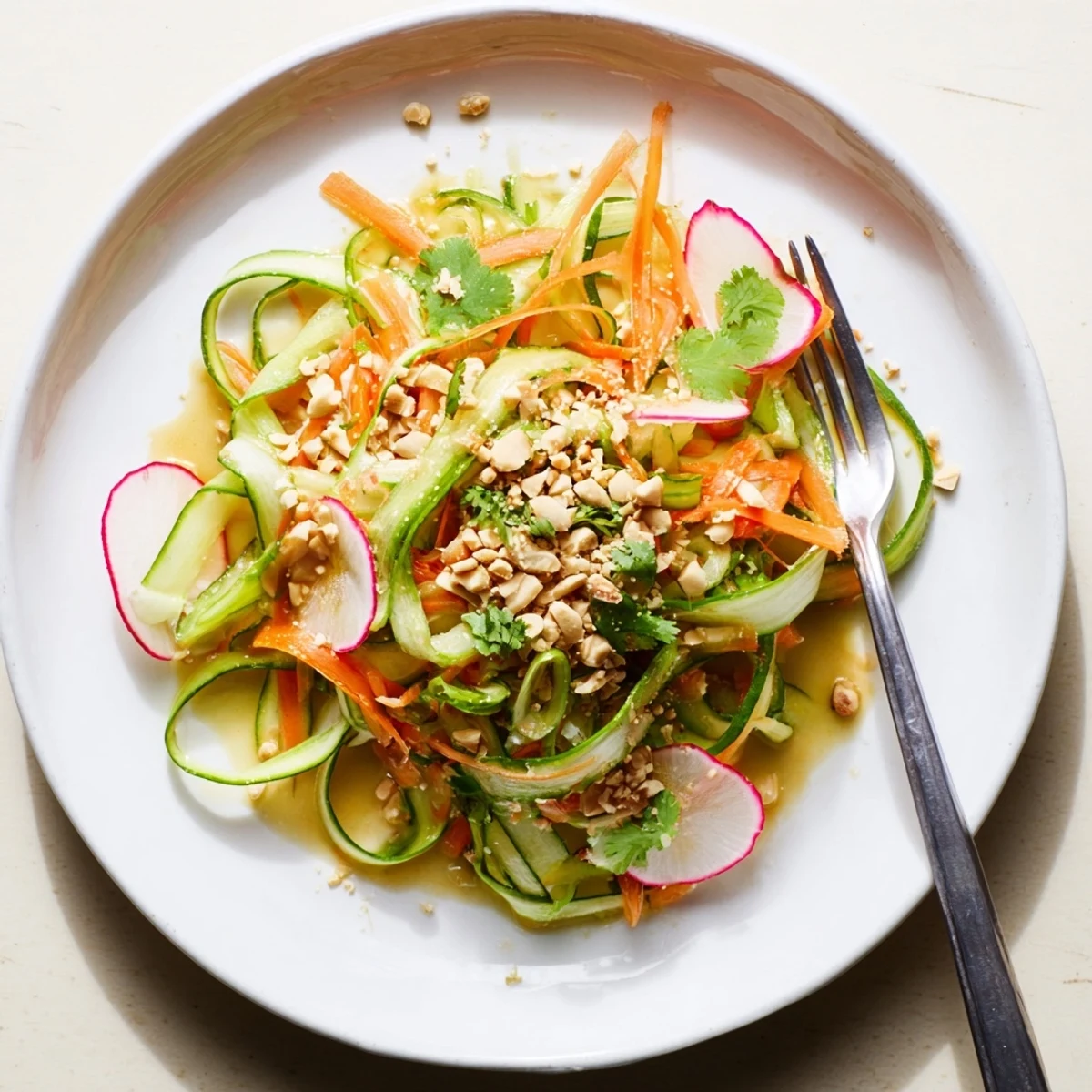 Colorful julienne vegetables glistening with honey ginger dressing and sprinkled with toasted sesame seeds on white serving plate