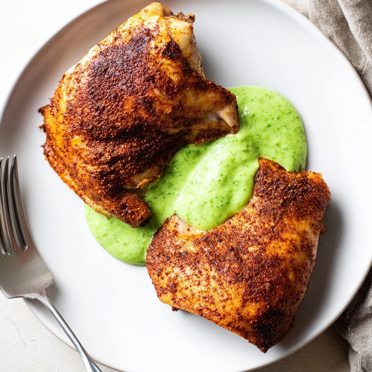 Golden Peruvian roast chicken with crispy skin served alongside vibrant creamy green sauce