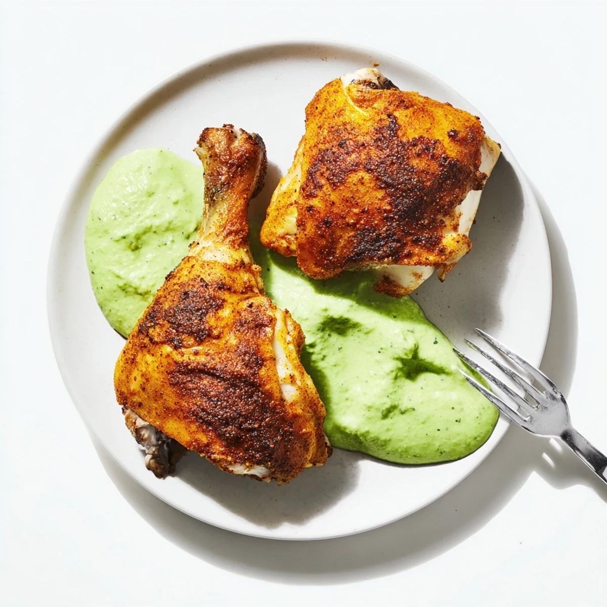 Succulent spatchcocked chicken marinated in cumin and spices topped with zesty cilantro aji verde