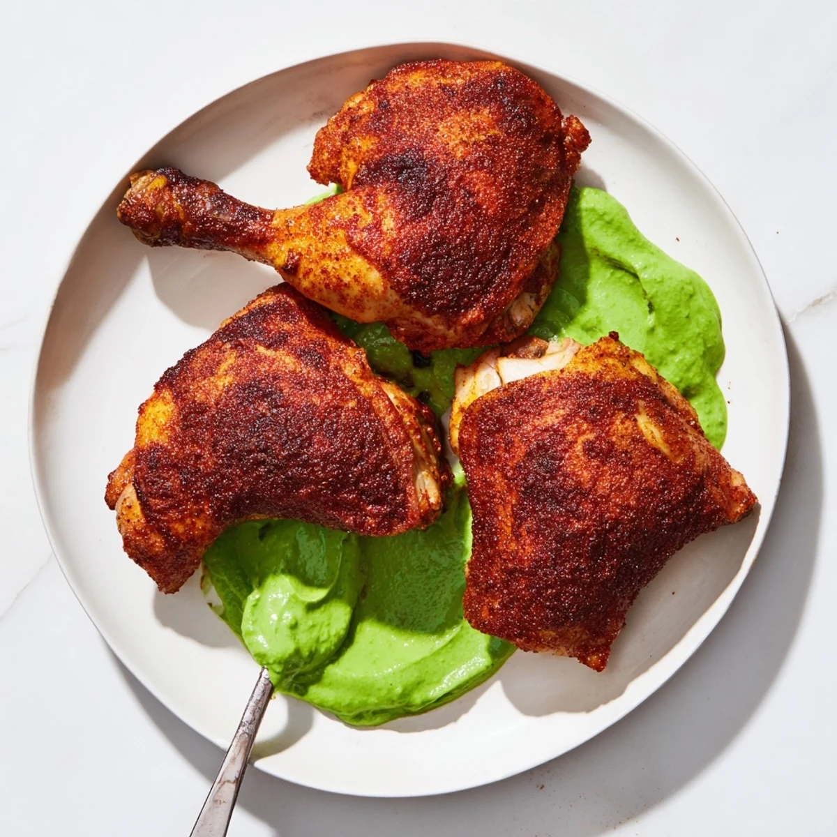 Roasted Peruvian chicken with charred edges drizzled with tangy herbed green sauce on platter