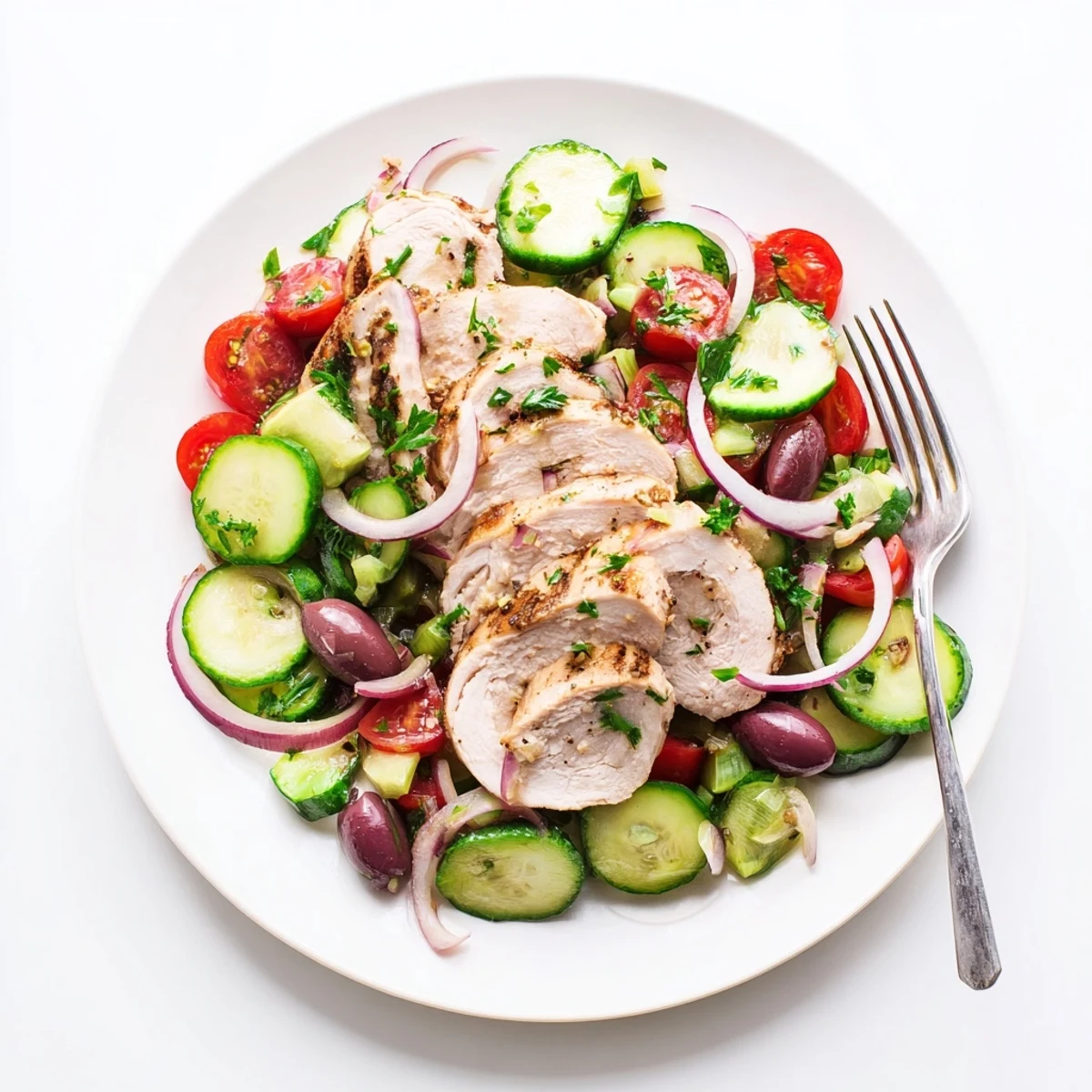 Sliced spicy chicken breast plated with refreshing Mediterranean cucumber salad dotted with red onion and parsley