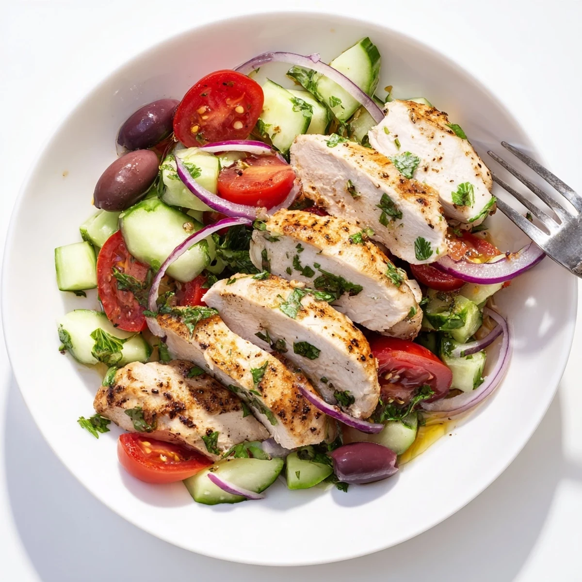 Juicy marinated Fiery Mediterranean Chicken garnished with lemon wedges alongside a vibrant vegetable salad