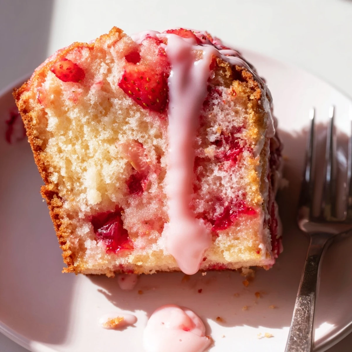 Golden strawberry pound cake slice drizzled with pink strawberry glaze on white plate