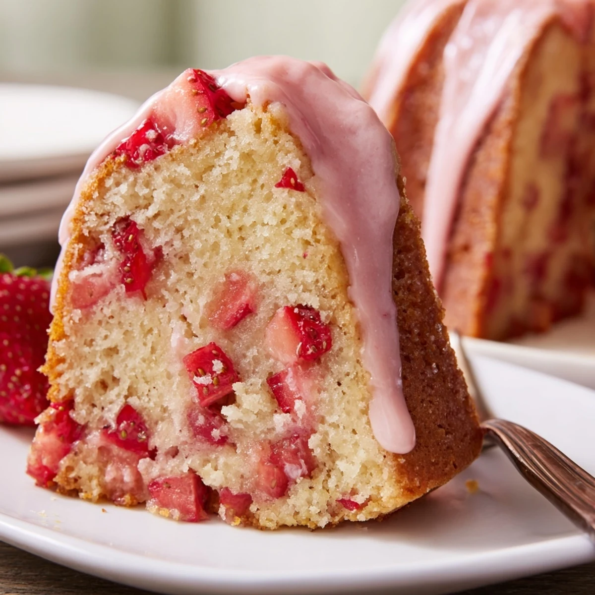 Moist buttery strawberry pound cake loaf topped with sweet red strawberry glaze drizzle