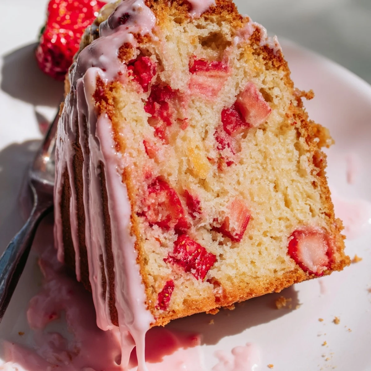 Fresh strawberry pound cake with pink glaze served on wire cooling rack