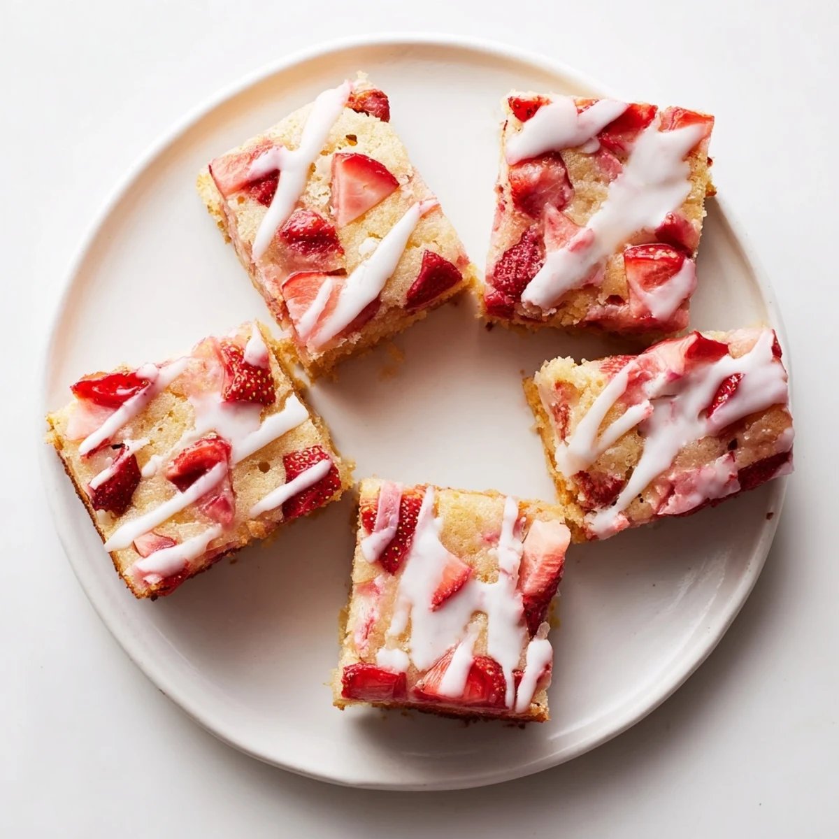 Golden strawberry lemon blondies drizzled with white lemon glaze on a wooden cutting board