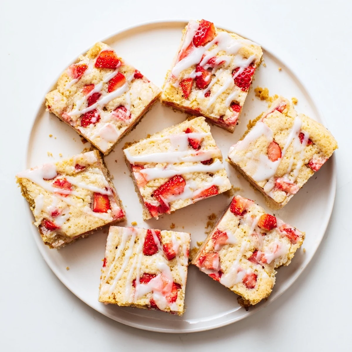 Chewy lemon glazed blondies topped with fresh red strawberry pieces on a white plate