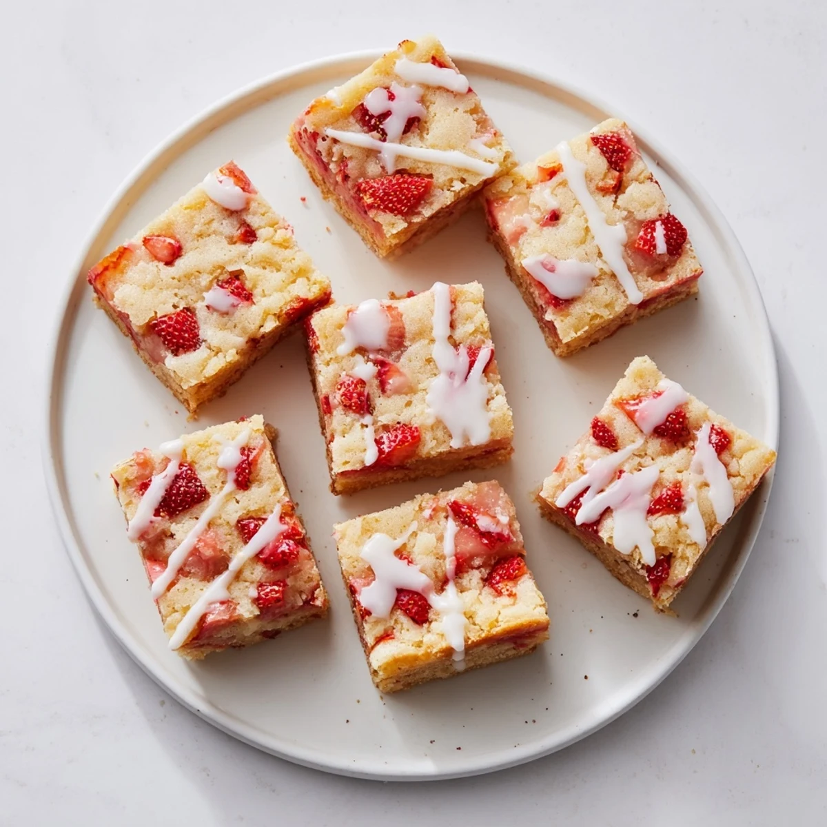 Moist strawberry lemon blondies square with tangy glaze and visible fruit chunks