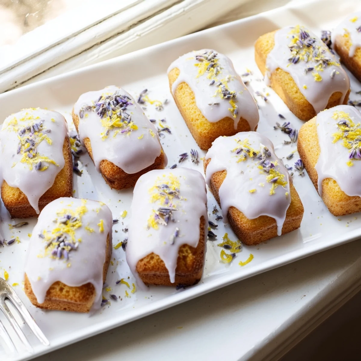 Golden mini lemon cakes drizzled with pale lavender glaze and fresh lemon zest garnish