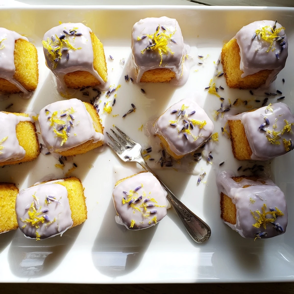 Bundt-shaped lemon cakes topped with fragrant lavender glaze on a white serving plate