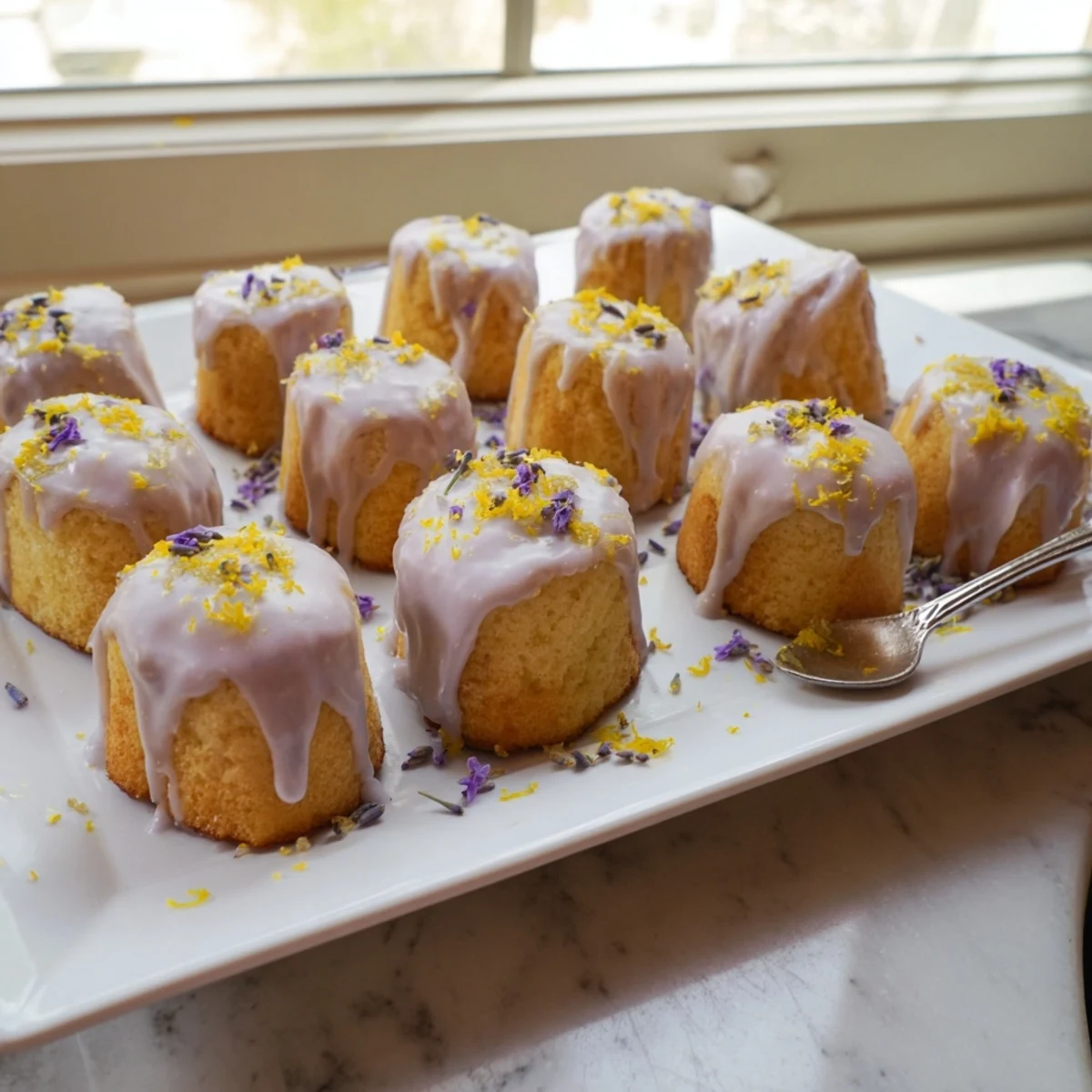 Tender miniature lemon cakes with smooth lavender glaze and dried lavender bud sprinkle