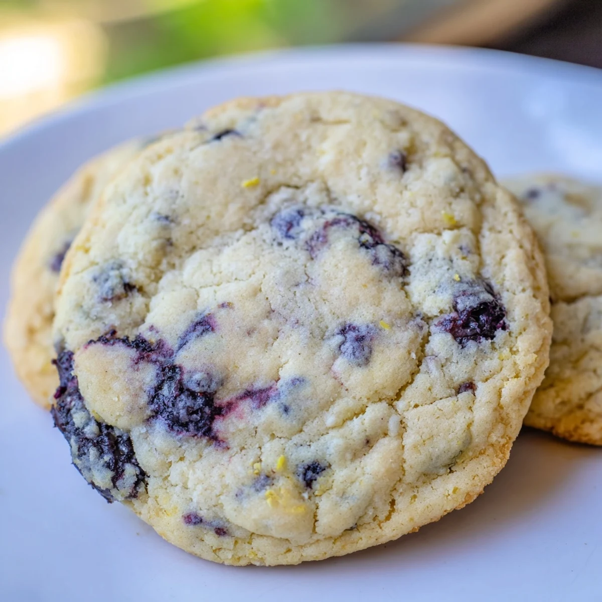 Soft lemon blueberry cheesecake cookies with juicy blueberries on a white baking sheet