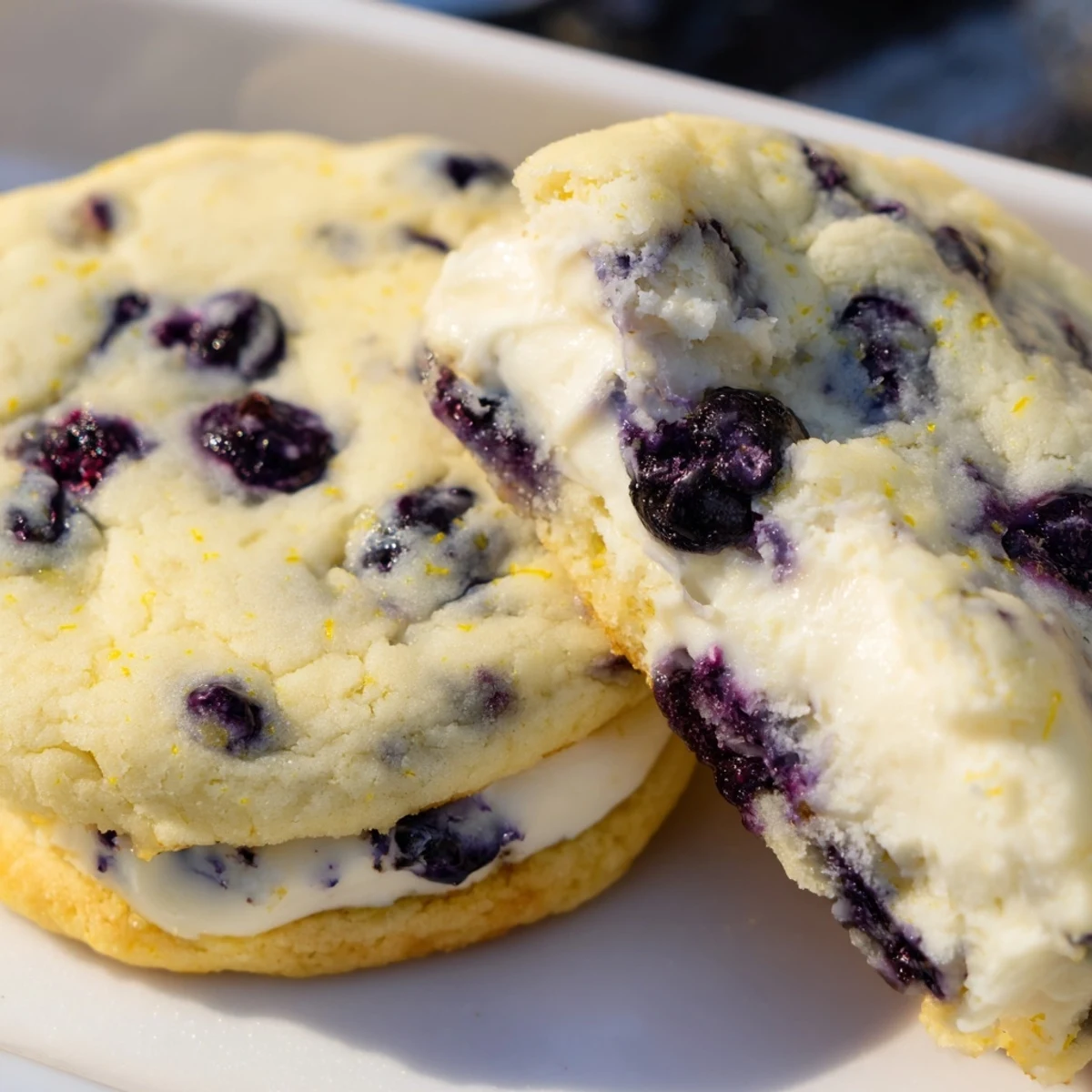 Creamy lemon blueberry cheesecake cookies dotted with fresh blueberries on parchment paper