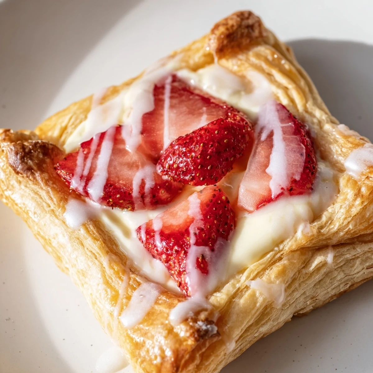 Golden homemade strawberry danishes with flaky puff pastry and cream cheese filling