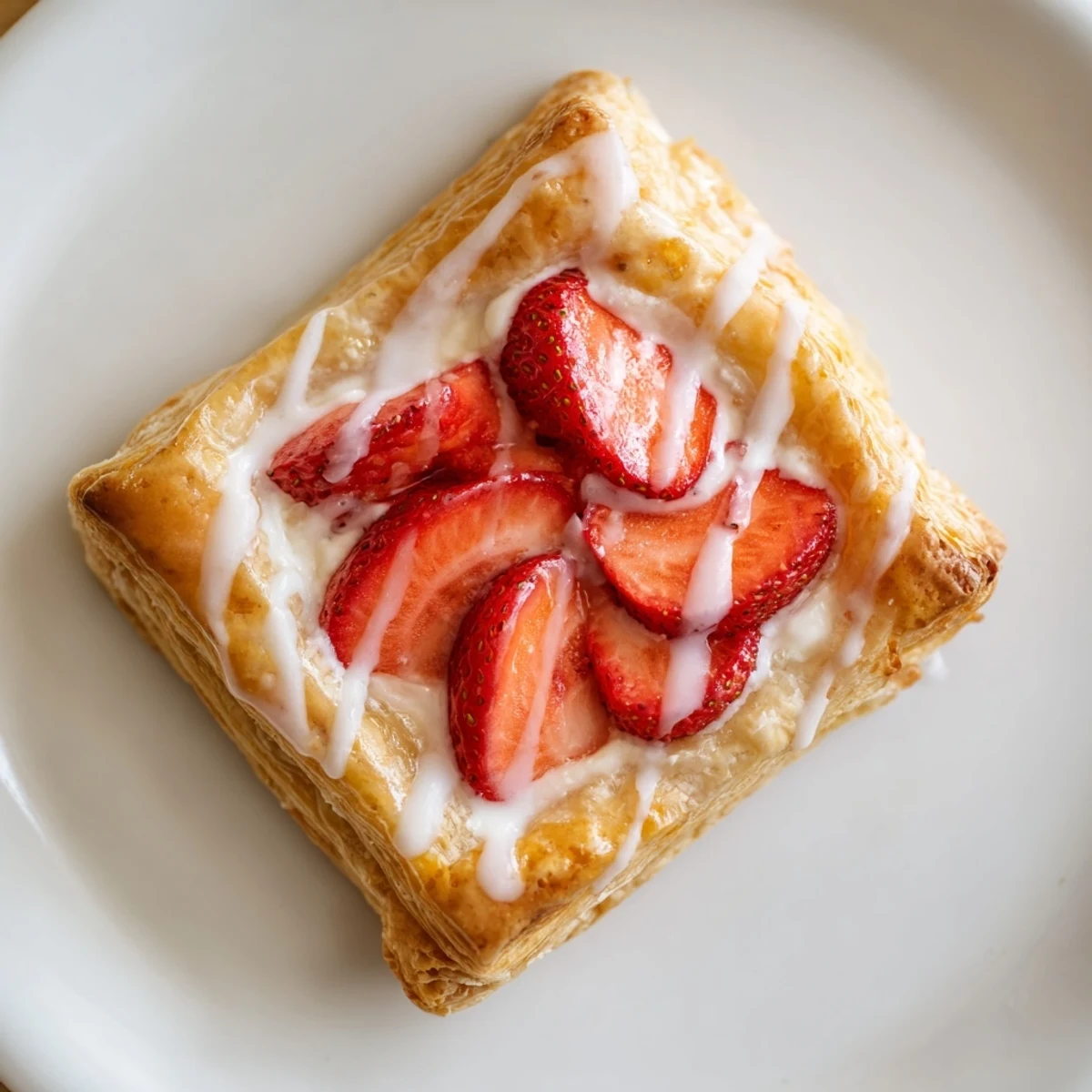 Fresh strawberry danishes drizzled with vanilla glaze on a white serving plate