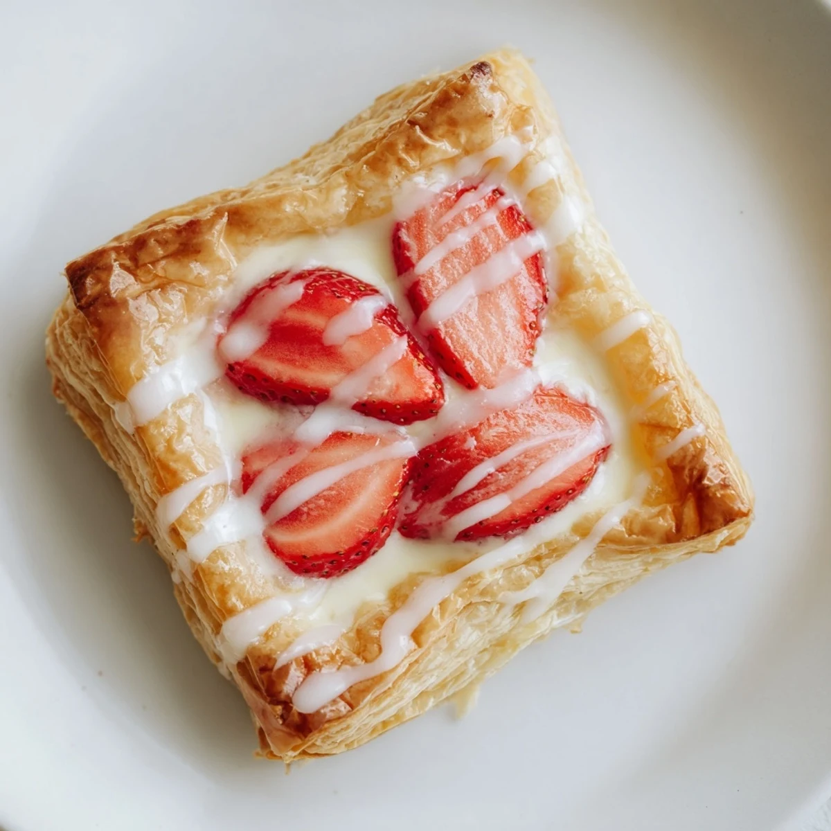 Buttery pastry squares topped with sweet strawberries and creamy cheese filling baked golden