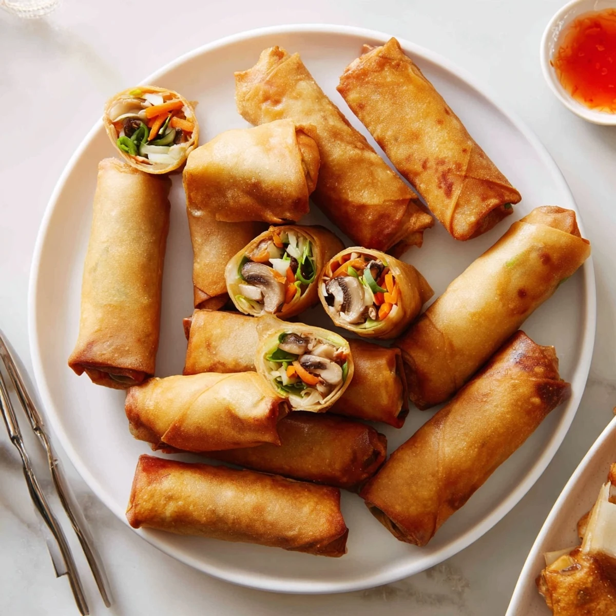 Golden crispy spring rolls with vegetable filling served on white plate