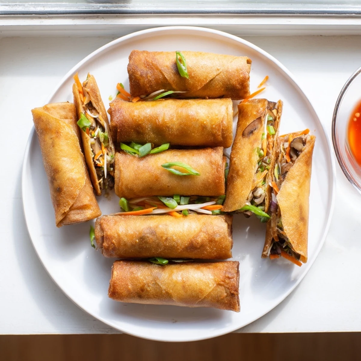 Homemade crispy spring rolls fried to golden perfection with sweet chili dipping sauce